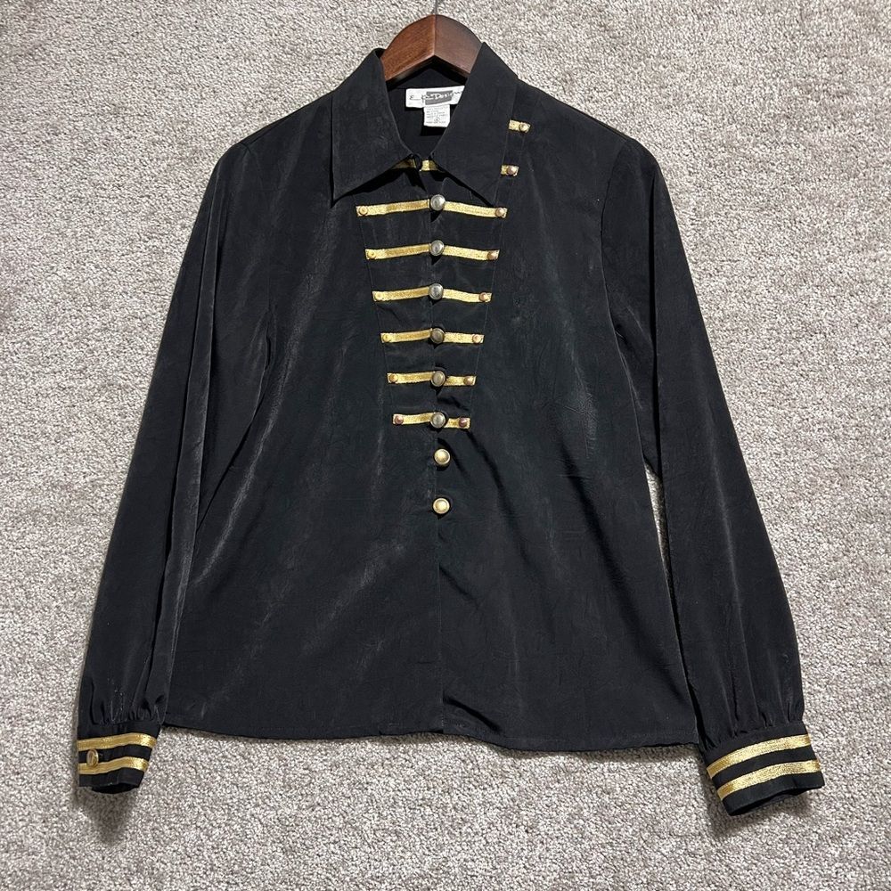 E.K. Designs Woman’s Black Gold Button Front Embellished Blouse Top Size 6